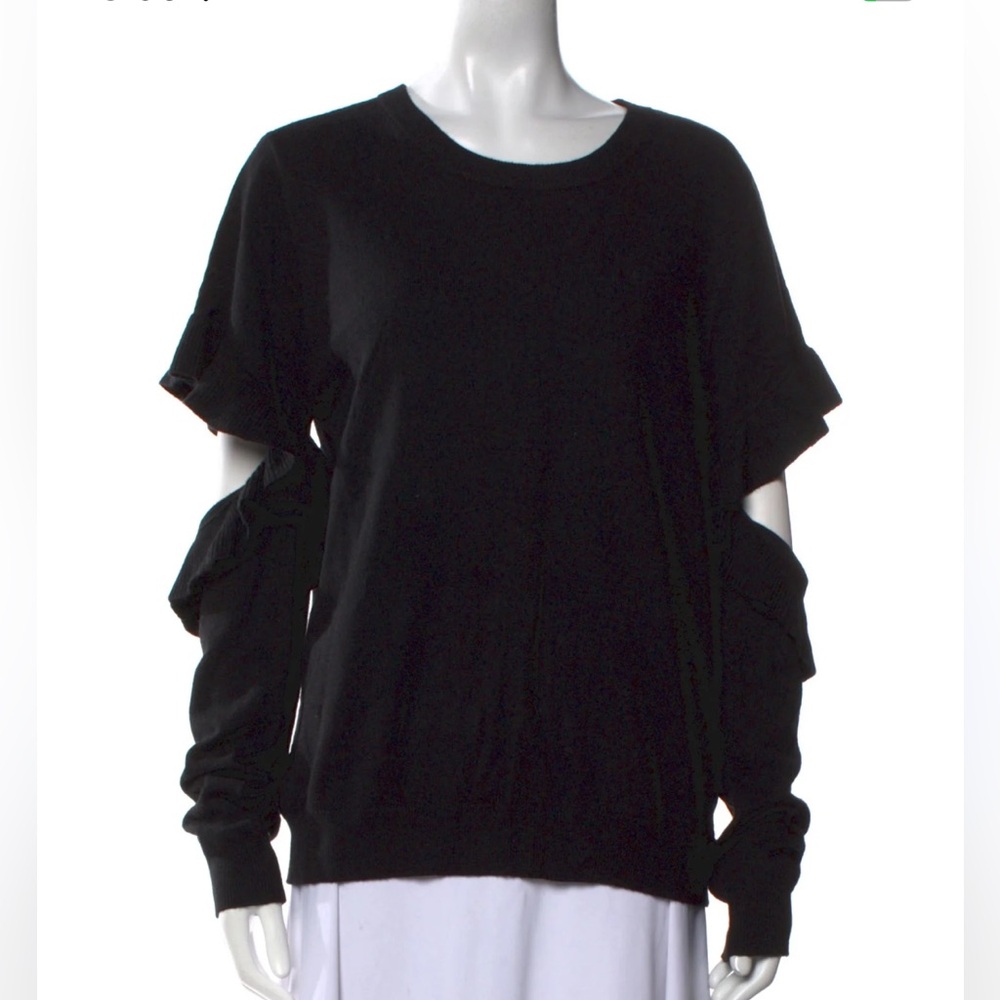 Saks Fifth Avenue Black Wool Bland Pullover Sweater Ruffle Cut Out‎ Sleeves Sz L